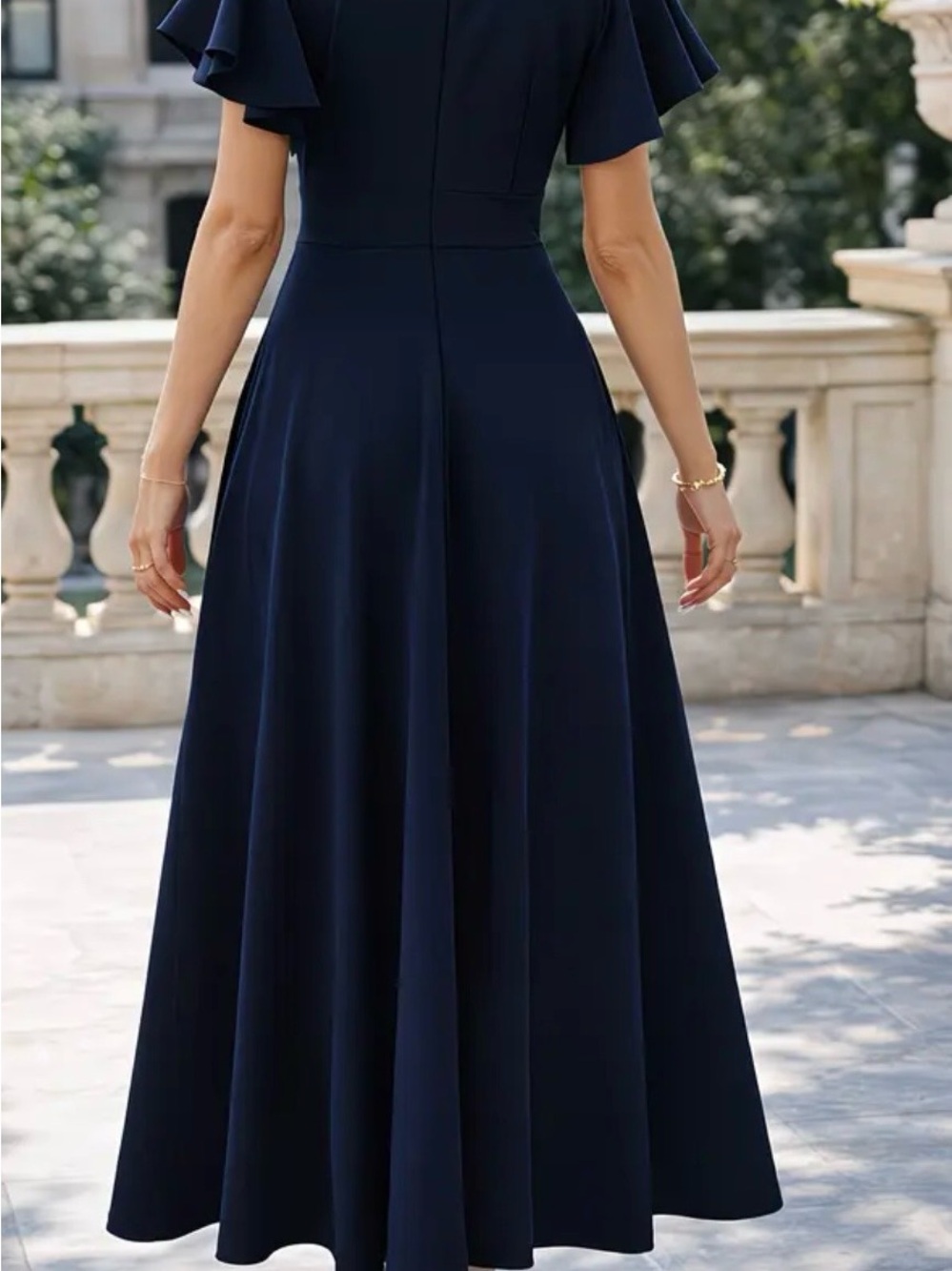 Classic Navy V-Neck High-Low Ruffle Dress - Picture 2 of 4